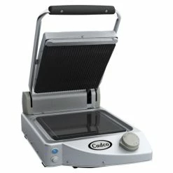 Panini Press Cadco CPG-10 Single Panini Grill With Ribbed Top, Black Glass-Ceramic Plates, 120V