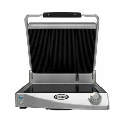 Panini Press Cadco CPG-15 Jumbo Single Panini Grill With Ribbed Top, Black Glass Ceramic Plates, 204-308V